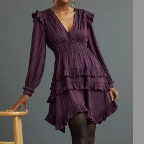 By Anthropologie Tiered Purple Ruffle Mini Dress Long Sleeve Size S Small 4 6 - Picture 3 of 5